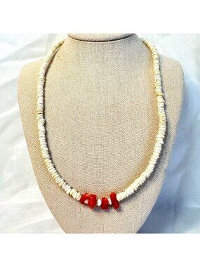 Coral & Shell Beaded Necklace Barrel Clasp Silver Tone Size 16'' Length